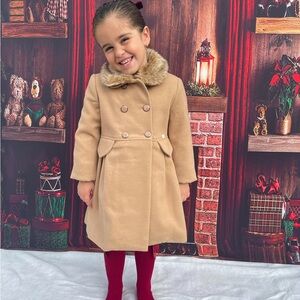 Classic Tan Pea Coat with Faux Fur Collar